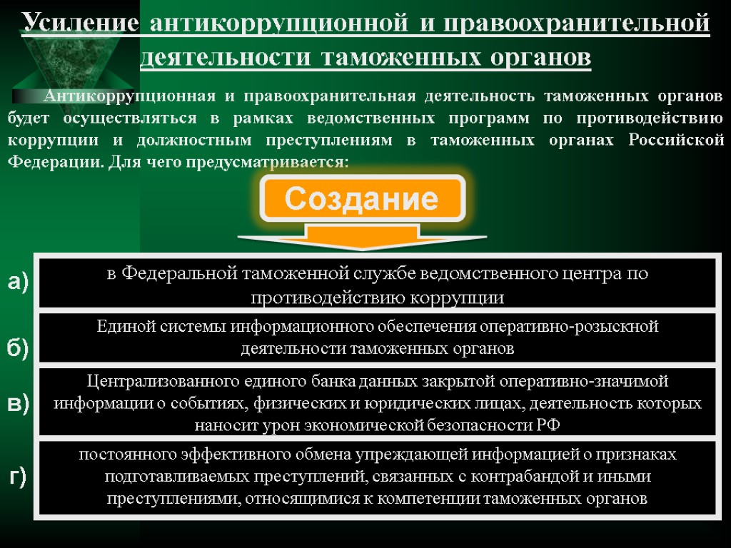 Усиление антикоррупционной и правоохранительной деятельности таможенных органов Антикоррупционная и правоохранительная деятельность таможенных органов будет